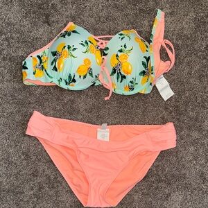 Tropical Lemon Print Bikini Set - Mint and Coral